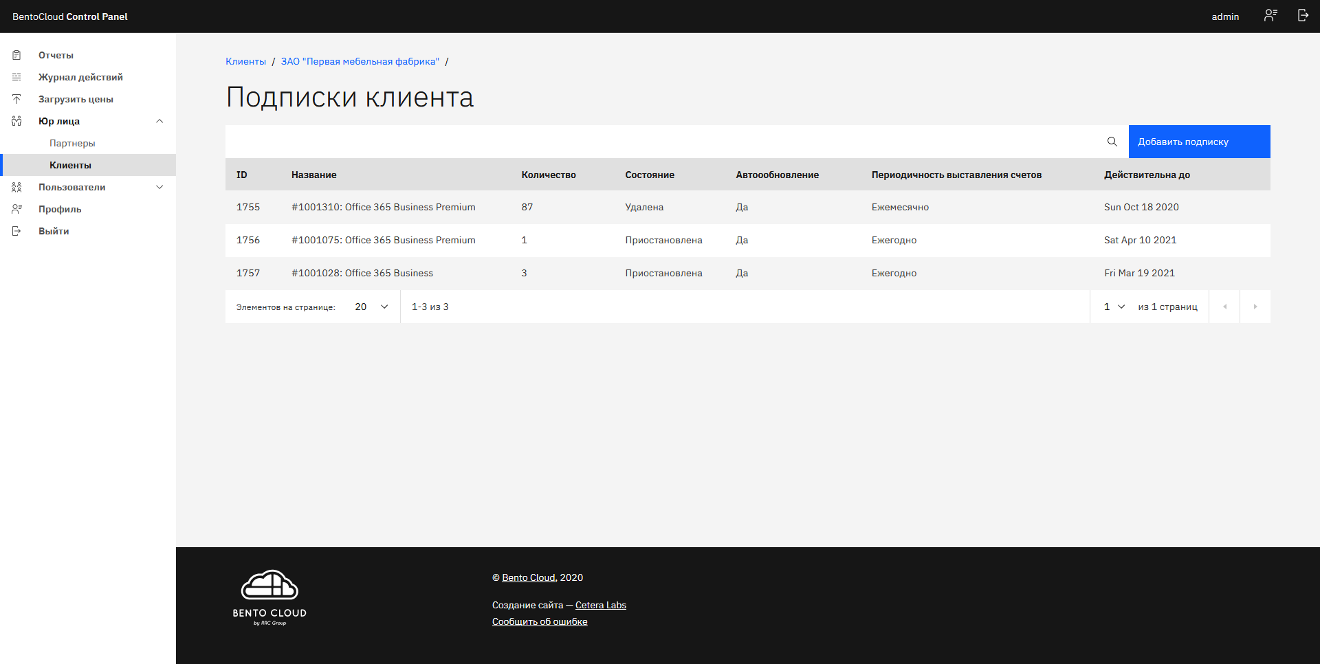 Список подписок клиента Список подписок клиента